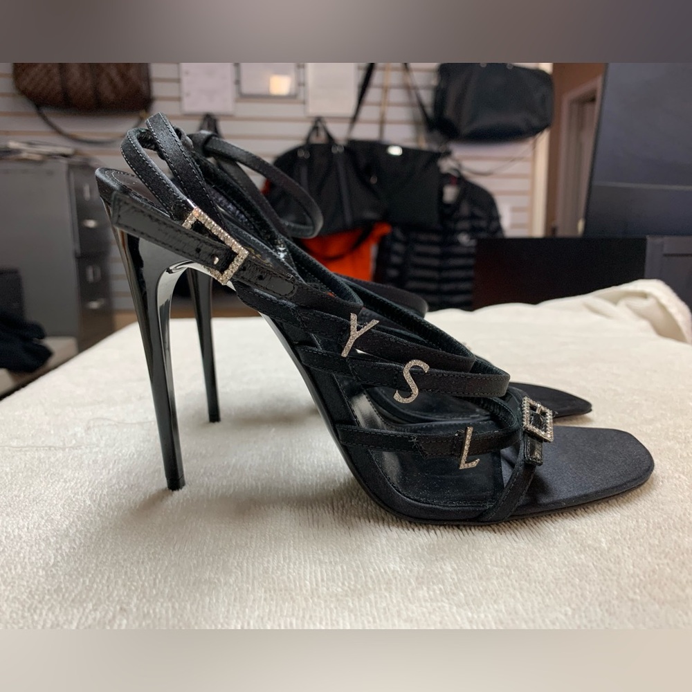 YSL Saint Laurent Black Satin Jerry Rhinestones Sandals Heels